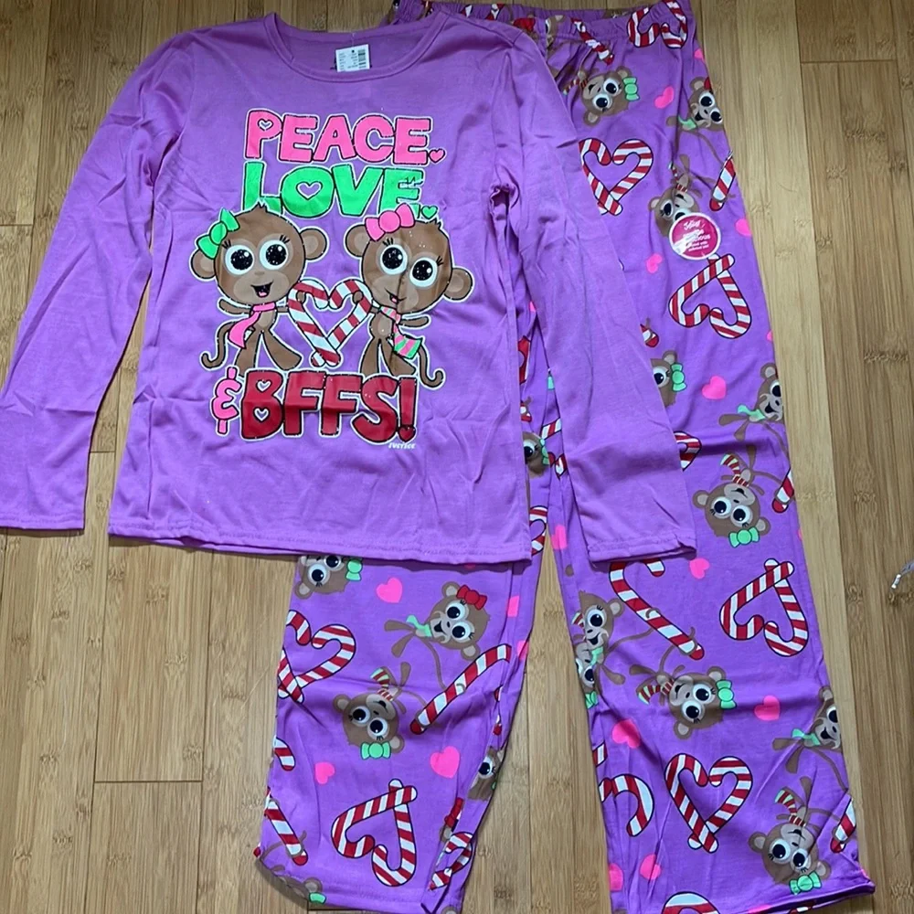 NWT Justice Christmas Pajamas 2 piece PJ set Monkey BFF New sz 14